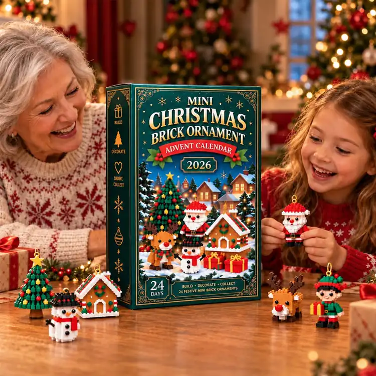 Adult and child building Christmas mini brick creations beside the advent calendar